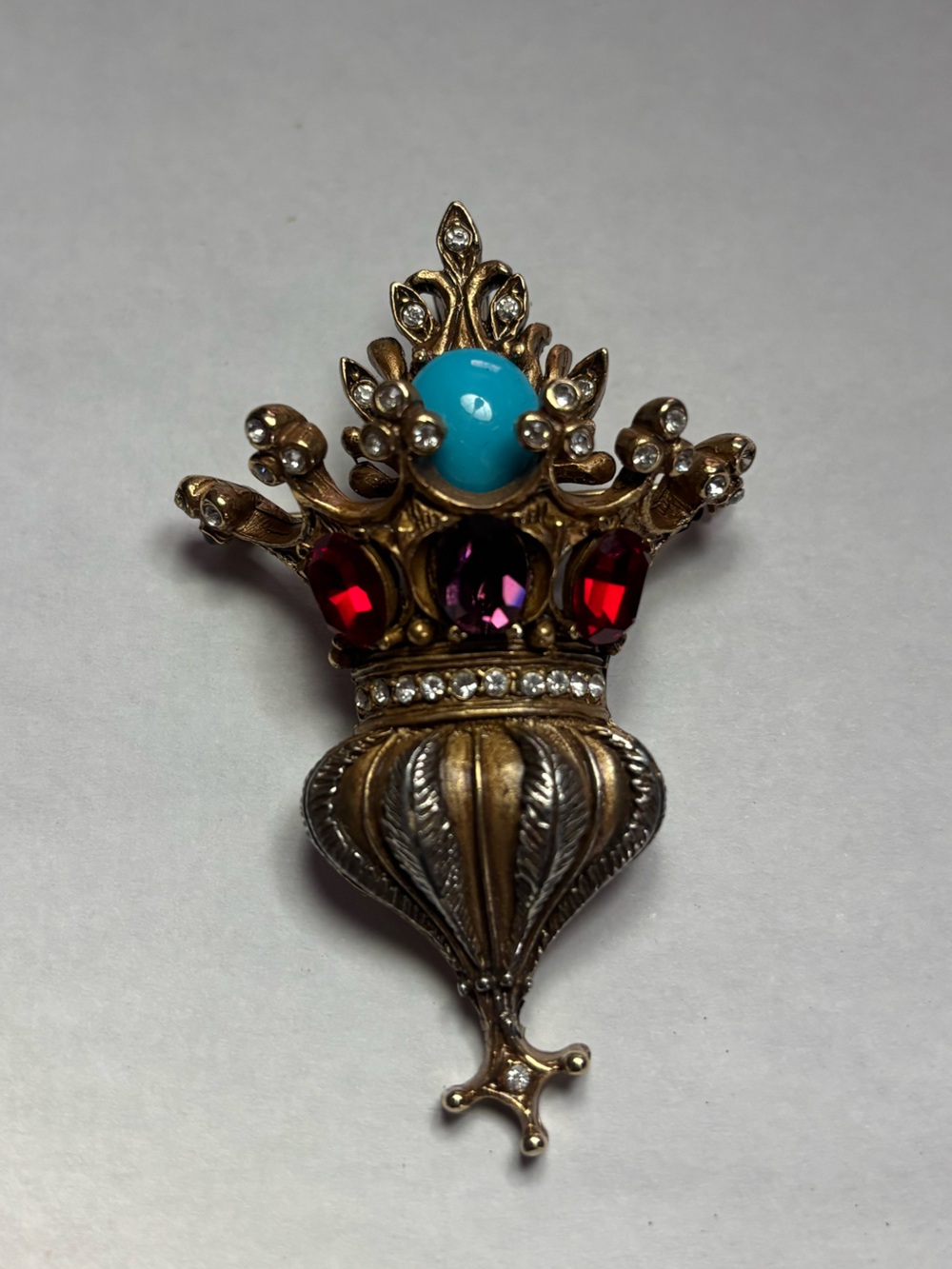 Vintage Erwin Pearl Gold Tone Fleur de Lis Rhinestone Crown Brooch Pendant
